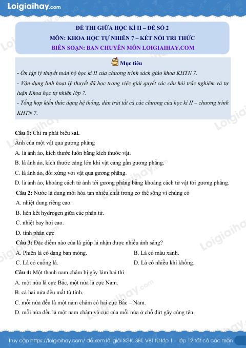 Đề thi giữa kì 2 KHTN 7 Kết nối tri thức - Đề số 2